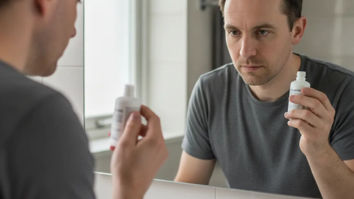 Man applying minoxidil to his temples in front of a bathroom mirror