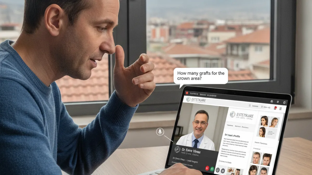 Patient consulting with an international hair transplant clinic via video call
