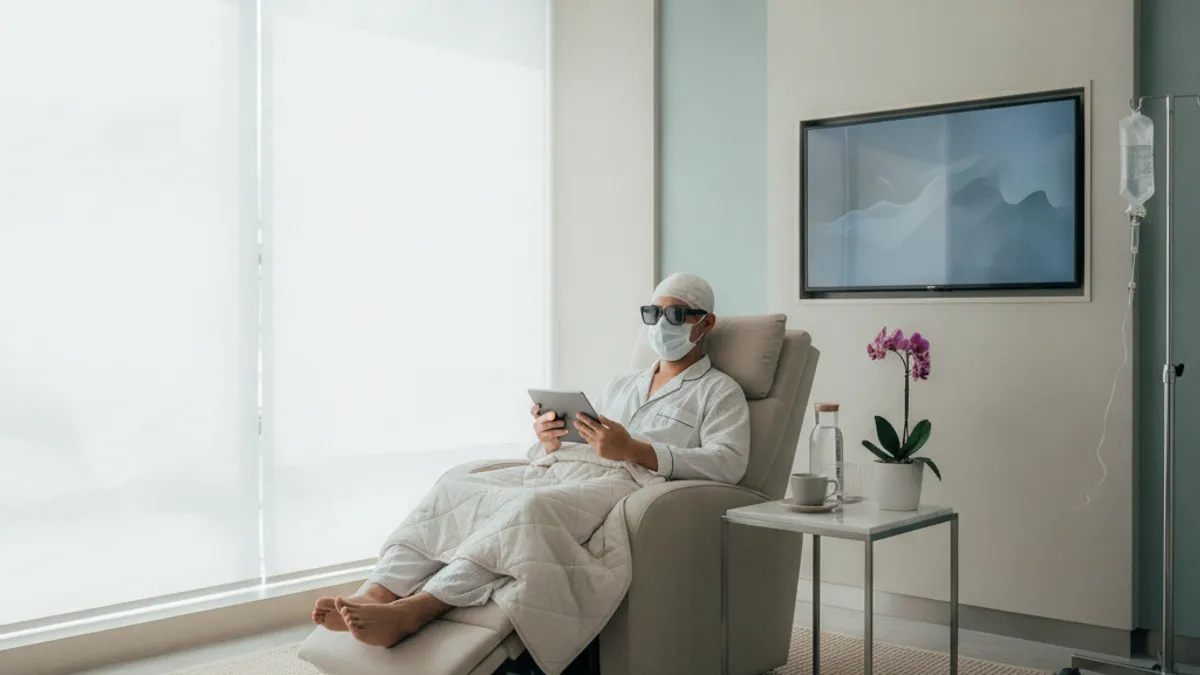 Patient recovering in a modern Bangkok clinic after hair transplant