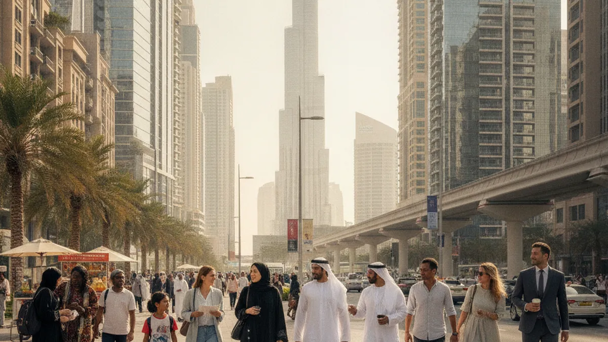 Bustling street scene in Dubai with diverse people